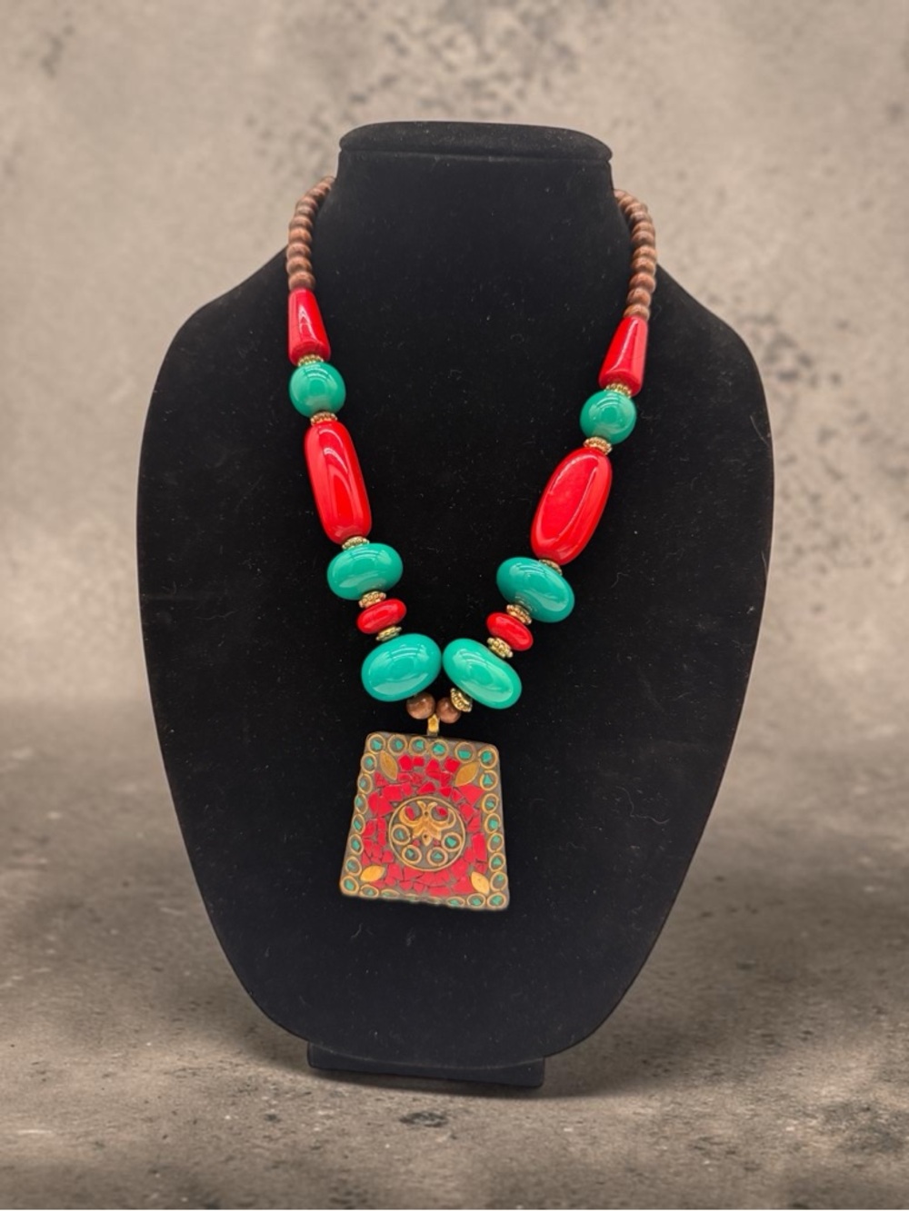 Tibetan Ethnic Mosaic Red Coral and Turquoise Statement Pendant Brass Necklace
